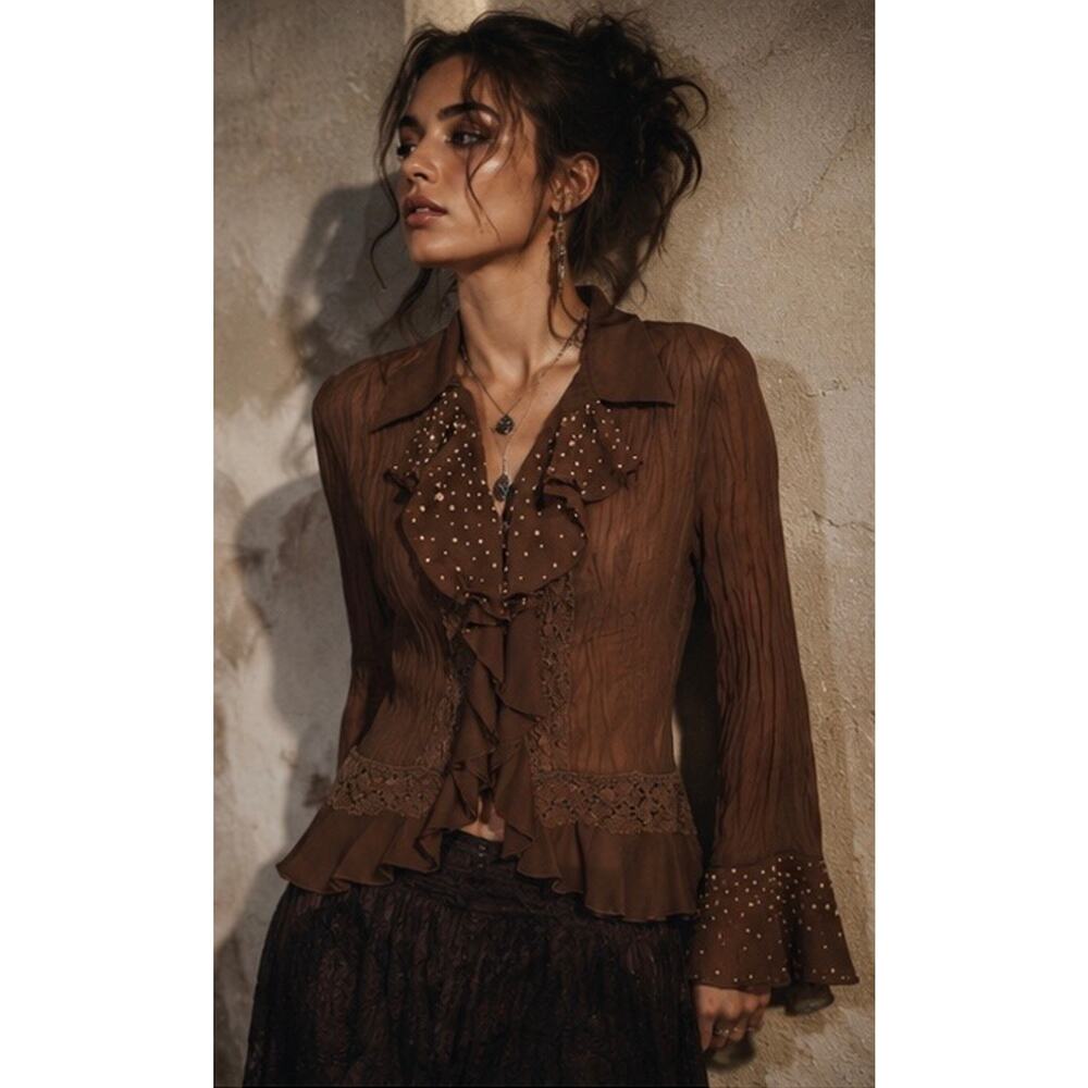 VTG 90s Brown Embellished Ruffle Blouse Lace Crochet Beads Fairy Grunge Whimsy